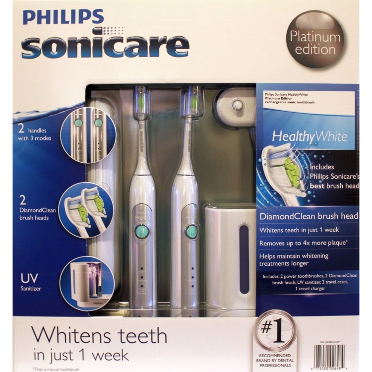 Philips Sonicare HX673390 HealthyWhite 3 Mode Platinum Edition Rechargeable Toothbrush 2-Pack Bundle (2 Power Toothbrushes, 2 DiamondClean Brush Heads, 1 UV Sanitizer with Integrated Charger, 1 Travel charger, 2 Travel cases)