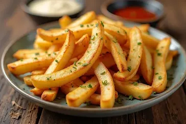 Golden Garlic Fries on a plate, coated in garlic and herbs, served with dipping sauce.
