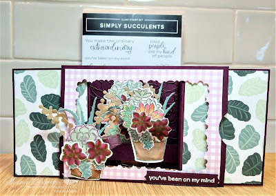 Rhapsody in craft, Blackberry Bliss, Simply Succulents, Potted Succulents Dies, fancy fold, 3D Stage Card, Pansy Petals DSPThinking of you, Friendship Card,  Heat Embossed, #colourcreationsbloghop, Stampin' Up!, Annual Catalogue 2021-22