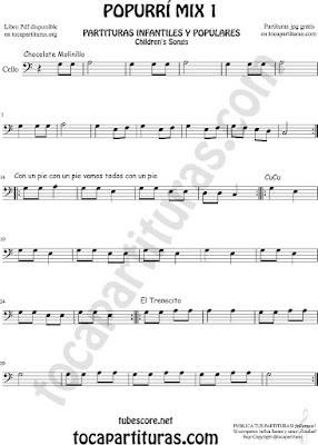  Popurrí Mix 1 Partitura de Violonchelo y Fagot Chocolate Molinillo, Con un Pie y El Trenecito Infantil Partituras Mix 1 Sheet Music for Cello and Bassoon Music Scores