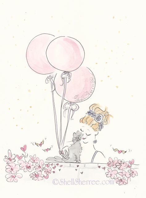 Fashion and Fluffballs illustration: Pink Balloons, Gold Dust and Kitty Cuddles © Shell-Sherree