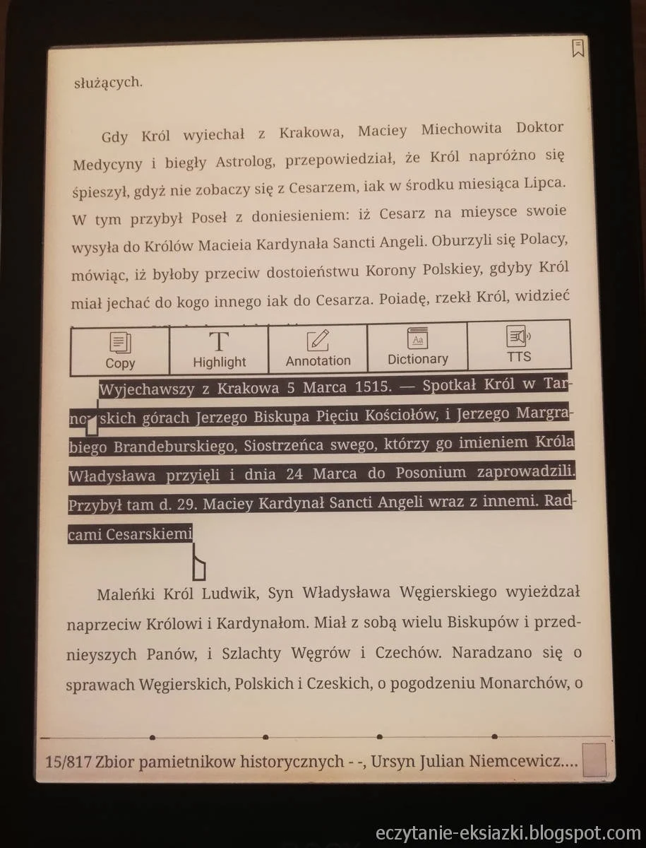 Zaznaczanie tekstu w aplikacji Neo Reader na czytniku Onyx Boox Nova