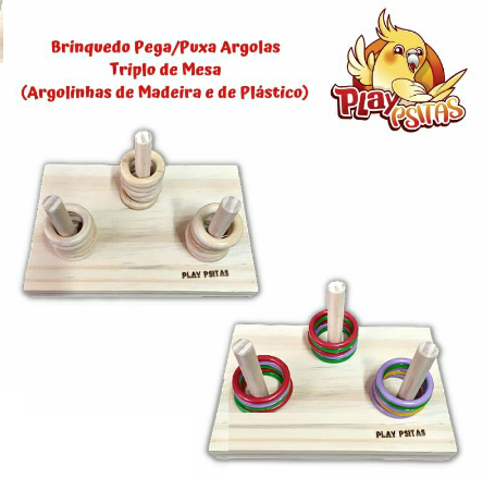 Brinquedo Pega/Puxa Argola Triplo (de mesa). Ideal para calopsitas, agapornis, aves em geral