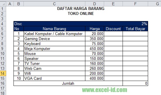 Membuat Daftar Harga Diskon pada Excel