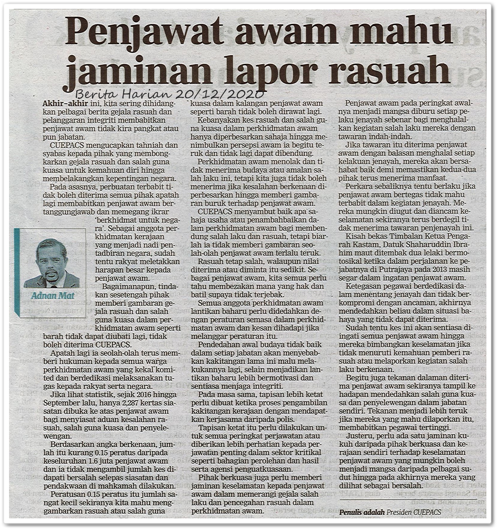 Penjawat awam mahu jaminan lapor rasuah - Keratan akhbar Berita Harian 20 Disember 2020