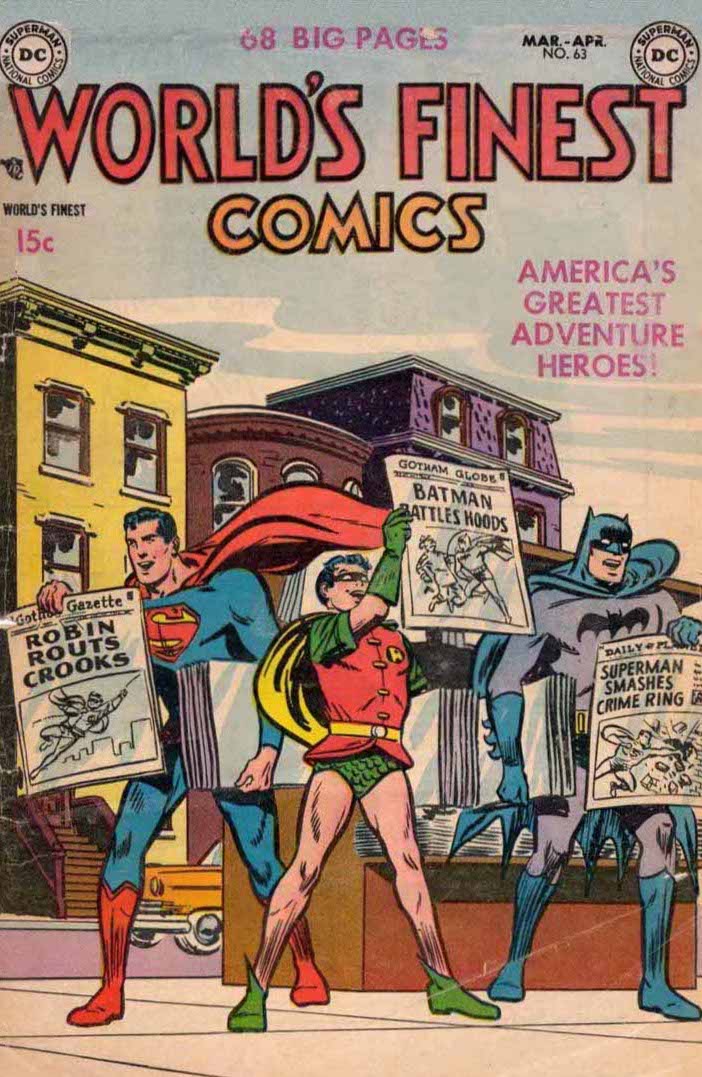 Superman, Robin, and Batman hawking newspapers on a city street, each holding up a front page touting the heroic exploits of one of the others