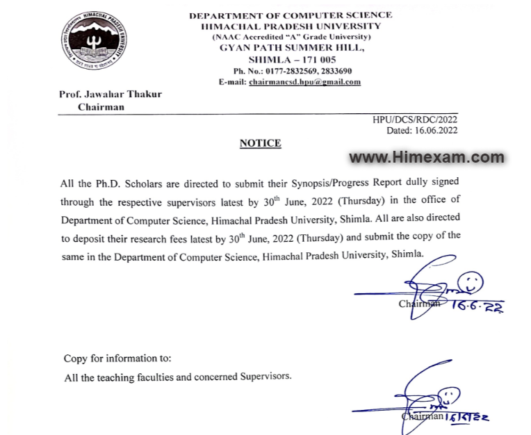 Notice for Ph.D. Scholars (Computer Science):- HPU Shimla
