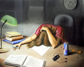 painting of teacher with head down on the papers on her desk