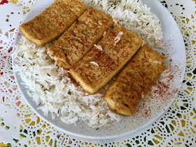 baked tofu and basmati rice with cumin seed