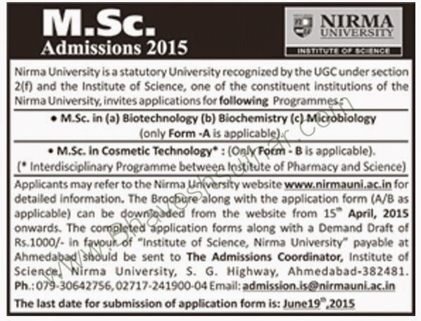 Nirma University M.Sc Admission 2015