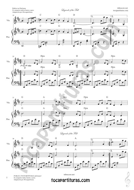 2 Leyendas de Pasión Partitura de Violín Legends of the Fall Sheet Music for Violinists (Tuba lectura en 8ª baja)