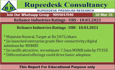 Reliance Industries Ratings - UBS - 10.03.2021 - Rupee desk Reports