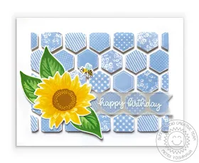 Sunny Studio: Sunflower Fields Layered Flower Patchwork Quilt Birthday Card (using Quilted Hexagon Stamps, Happy Thoughts Stamps & Frilly Frames Hexagon Dies)
