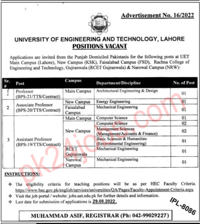 UET Lahore Jobs 2022 – Pakistan Jobs 2022