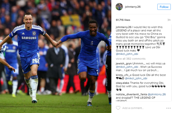 John Terry describes John Mikel as a Legend as he congratulates him on his new deal with Chinese club