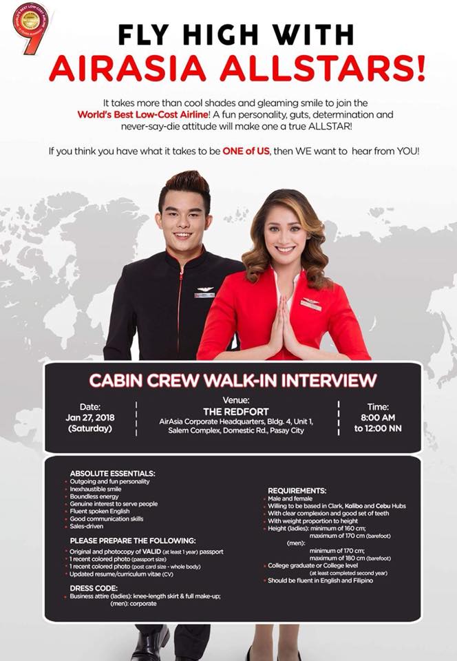 Fly Gosh Air Asia Cabin Crew Recruitment 2018 Walk In Interview Manila Philippines