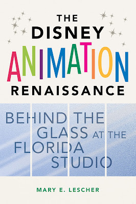 Book cover for The Disney Animation Renaissance with title on a field of white above an illustration of 4 glass panes.