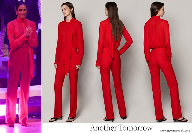 Meghan Markle wore Another Tomorrow fire red bow blouse and classic trouser