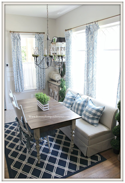 Breakfast Nook Makeover-Blue and White Decor-Buffalo Check-Ticking Stripe-Damask Curtains-From My Front Porch To Yours