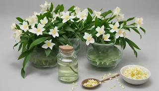 A imagem apresenta um conjunto elegante e sereno de flores de jasmim brancas, exibindo suas pétalas delicadas e centro amarelo. As flores estão em abundância, com algumas repousando em vases de vidro transparente preenchidos com água, onde seus talos verdes submergem, criando um reflexo sutil na água. Ao lado dos vasos, há um pequeno frasco de vidro com uma rolha, contendo um líquido esverdeado claro, possivelmente um óleo ou essência derivada do jasmim. Há também uma pequena tigela branca contendo o que parece ser flores de jasmim trituradas ou desidratadas. Acompanhando a tigela, há uma colher de madeira com mais deste material triturado sobre ela. O fundo é neutro, destacando ainda mais a pureza e a beleza das flores de jasmim. A imagem como um todo evoca uma sensação de calma, natureza e benefícios terapêuticos.