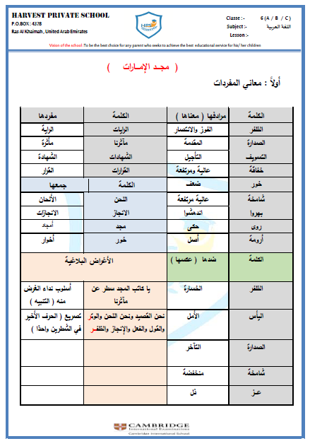 ورقة عمل مجد الامارات في اللغة العربية للصف السادس