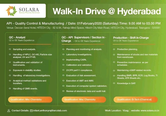 Solara Pharma | Walk-in for QA-PRODUCTION on 1 Feb 2020 | Pharma Jobs in Hyderabad