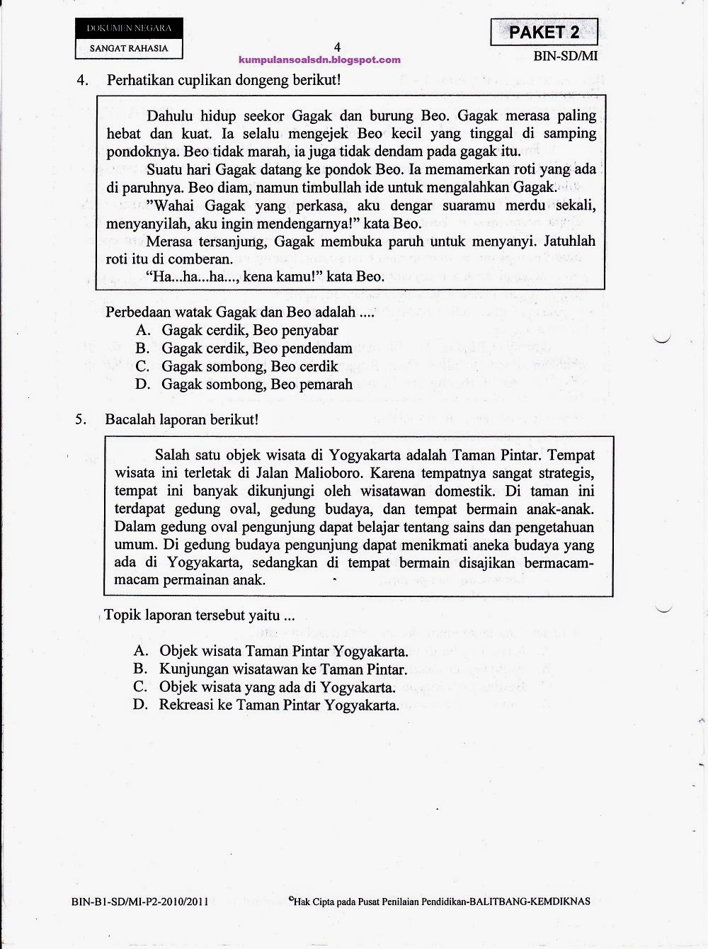 Soal UN Bahasa Indonesia 2013/2014 ~ Kumpulan Soal SD