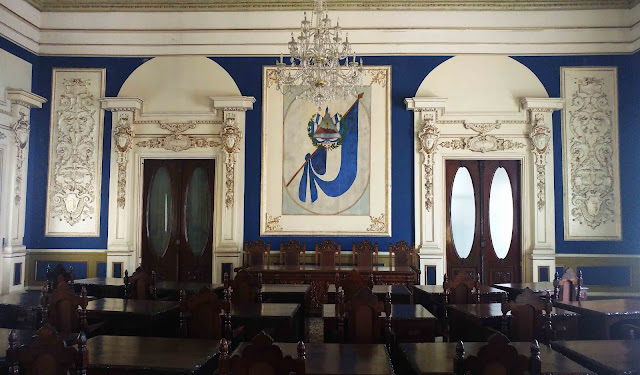 A glimpse into the historic Assembly Hall of the National Palace when it housed the Legislative Assembly of El Salvador.