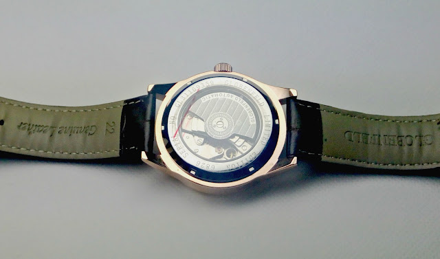 The back of the Globenfeld watch, showing the movement inside. 