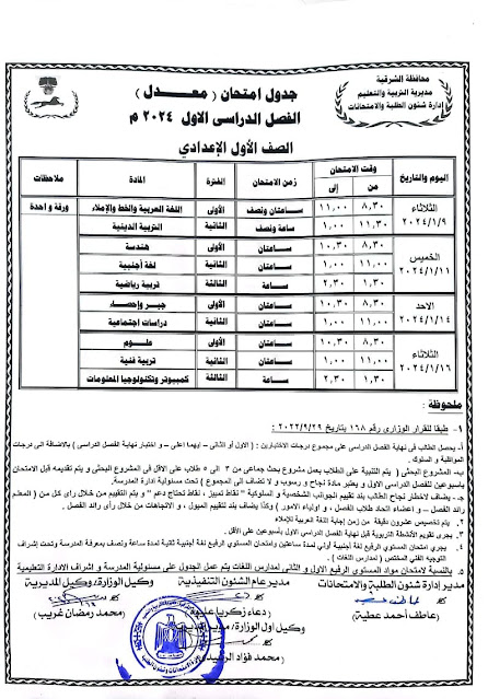 جدول امتحانات محافظة الشرقية المعدل ترم أول2024 %D8%A3%D9%88%D9%84%20%D8%B9