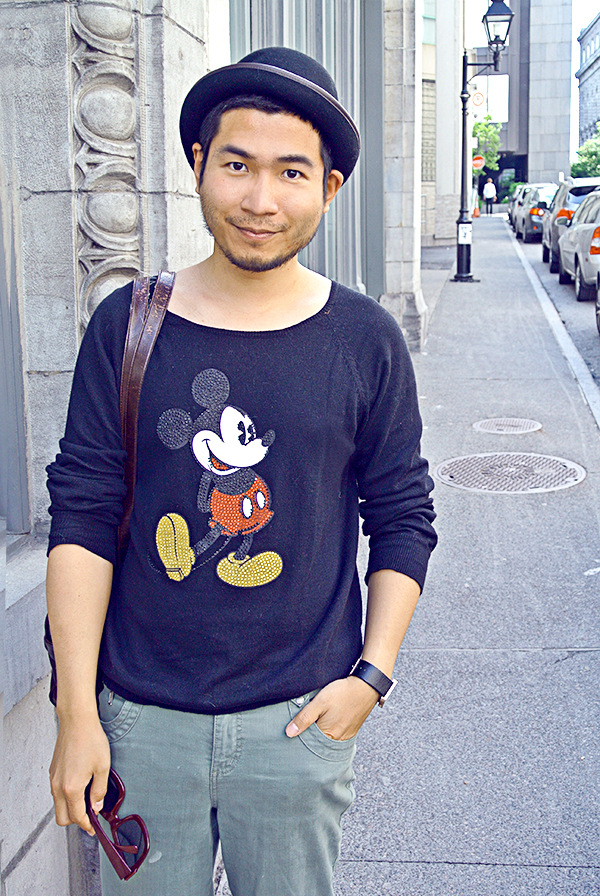 Ben Liu, Men in black Mickey Mouse T-shirt and Magritte melon wool bowler hat in Old Vieux Montreal