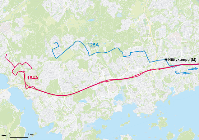 Suorat bussilinjat Kamppiin ovat ensisijaisesti perustettu helpottamaan metron kuormitusta ruuhka-aikoina. Siksi on tärkeää, että bussilinjat kulkevat tiheästi asutuilta alueilta, kuten ehdotuksessamme Olarista ja Saunalahdesta. Bussireittien päätepysäkit voisivat olla Latokaskessa ja Tillinmäessä.