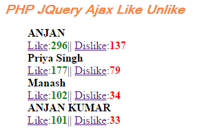 Live Like and Unlike in PHP JQuery Ajax