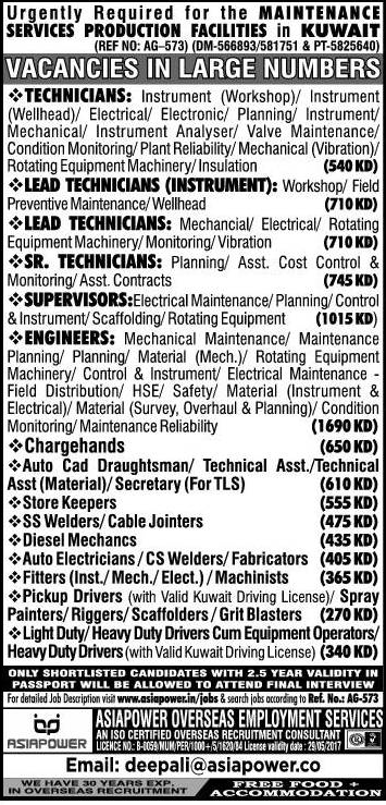 urgent Jobs in Maint service co Kuwait - Free food & Accommodation