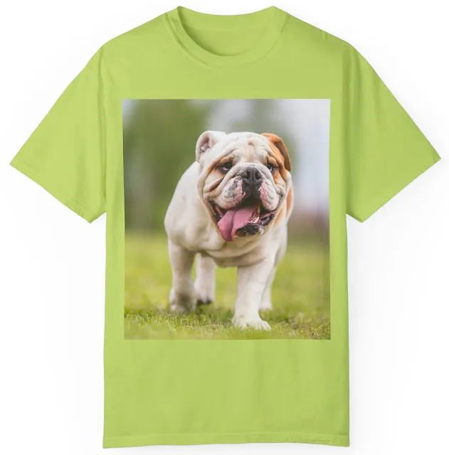 Unisex Garment Dyed Comfort Colors T-Shirt With Giant English Bulldog Walking on the Grass Mouth Opened