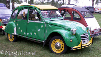 En grön Citroen 2CV med målade blommor.