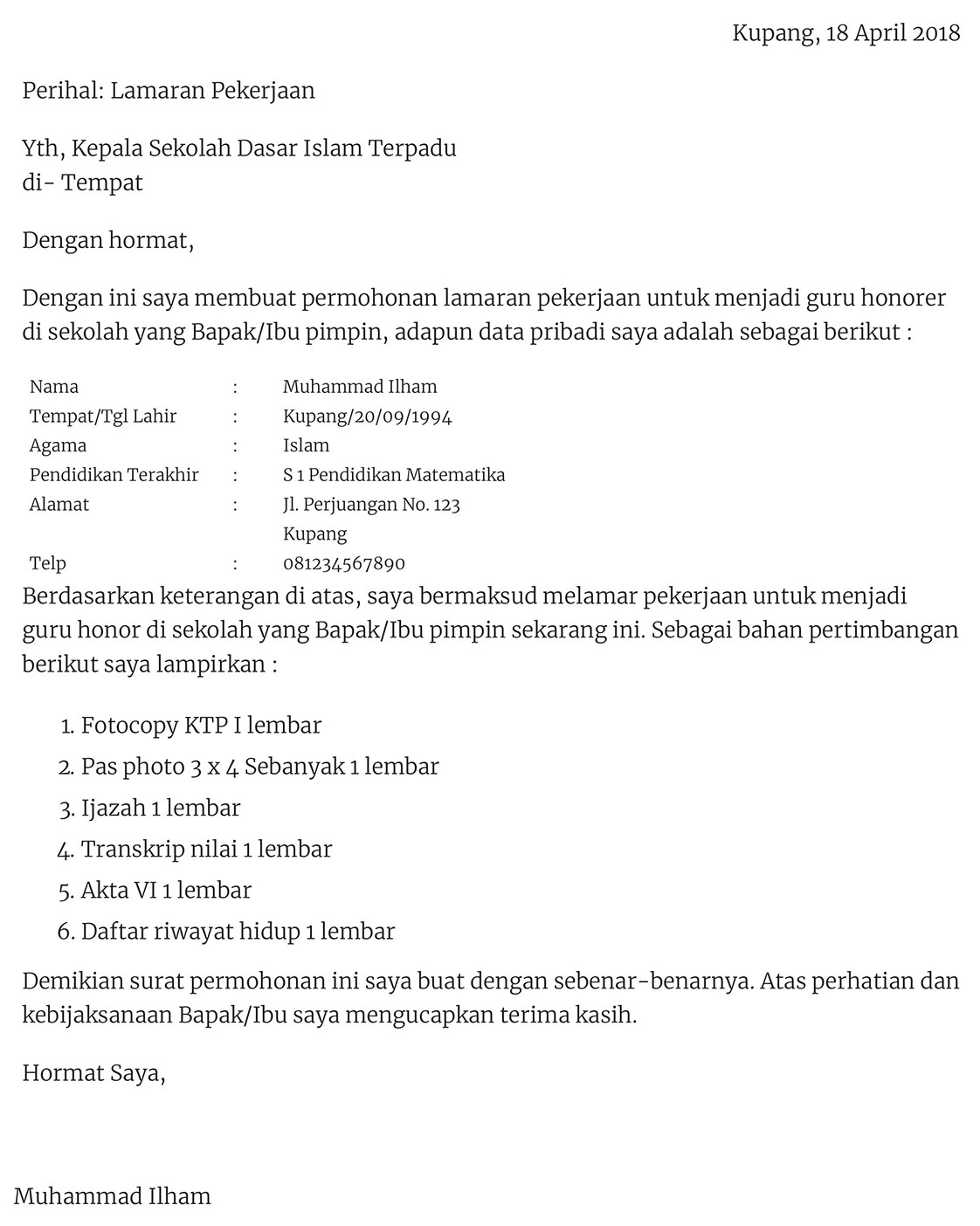 Contoh Surat Lamaran Ke Sekolah Yayasan