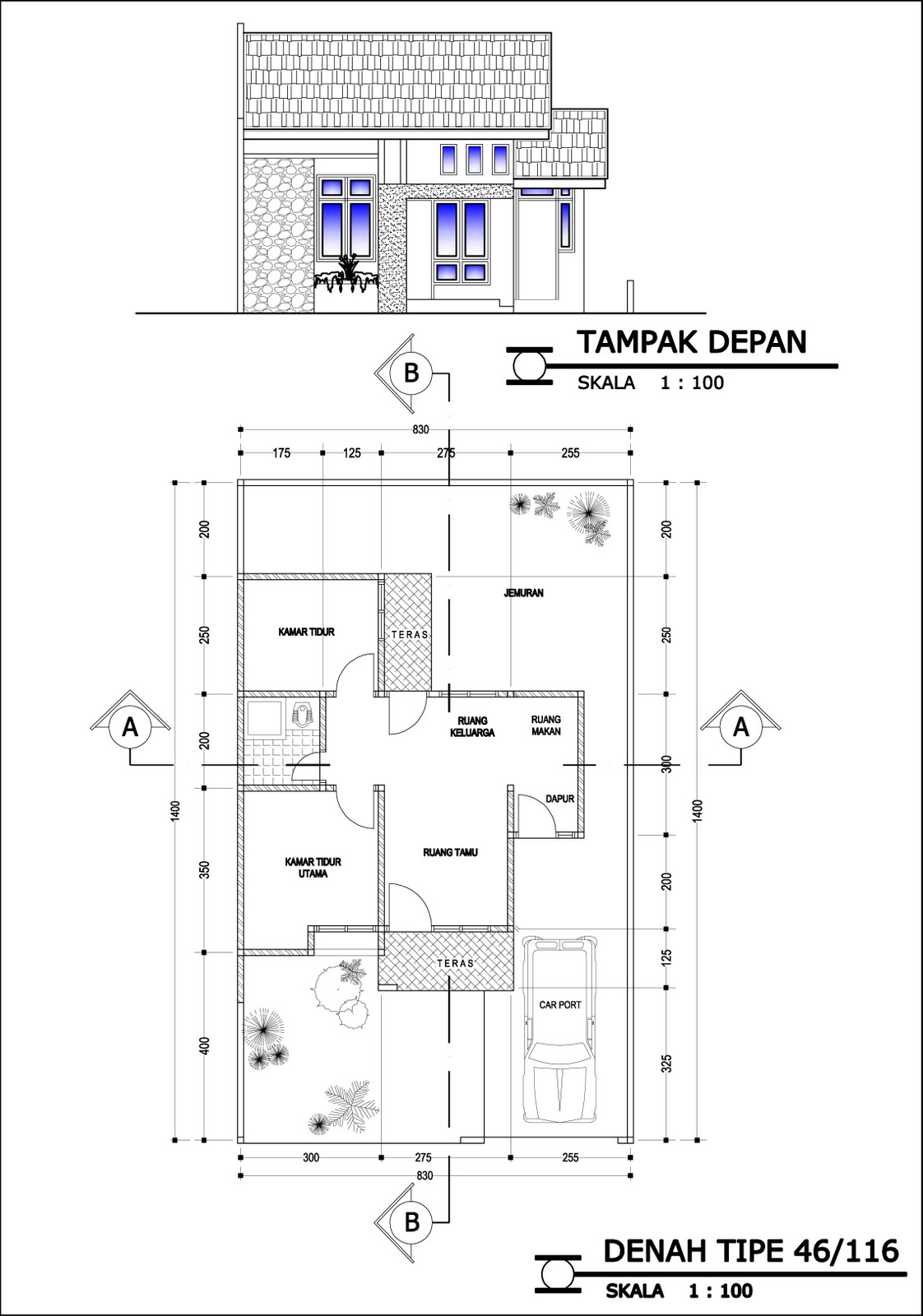 Denah Rumah Type 45 Beserta Tampak Depan Huniankini