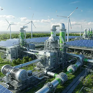 A futuristic industrial complex with wind turbines, solar panels, and heat recovery systems, showcasing sustainable energy production.