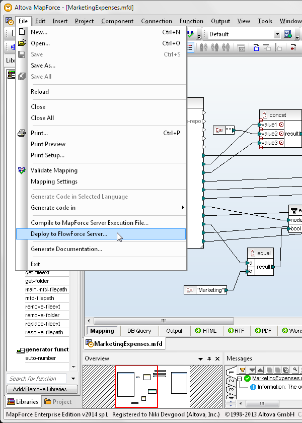 MapForce menu option to deploy to FlowForce Server