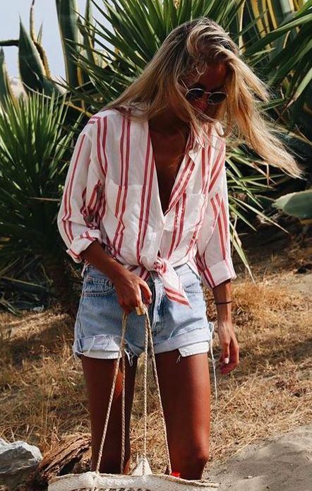 what to wear with a striped shirt : bag and denim shorts