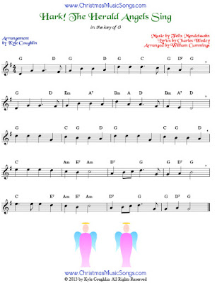 Hark! The Herald Angels Sing, melody and chords in the key of G. Bass clef and alto clef versions are available, too.