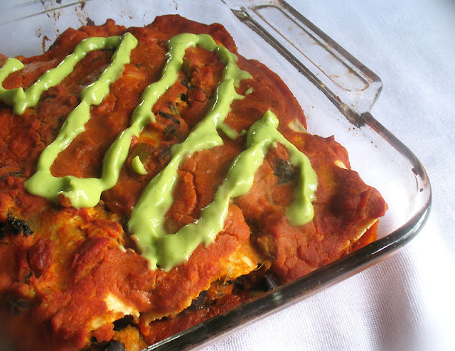 Black Bean and Sweet Potato Enchiladas with Avocado Cream Sauce