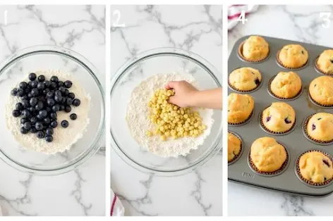 Steps to make blueberry muffins: prepping, baking, cooling.