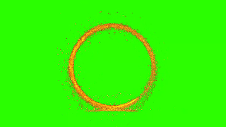 A green background with a circle of orange & red particles.