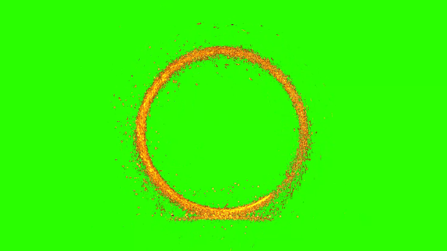 A green background with a circle of orange & red particles.