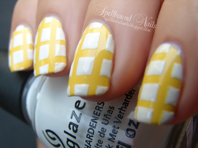 nails nailart nail art Spellbound mani manicure gingham checkers checkered yellow white blue Konad stamping stamp stamped stamper tape taping taped Coffee cup inspired inspiration obsession