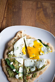 Spring Pizza with asparagus pesto, ramps, fried egg, goat cheese and thyme