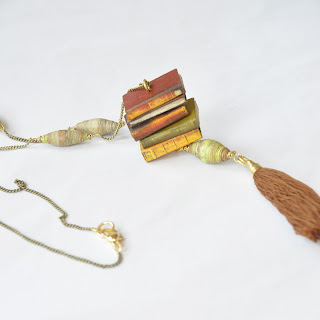  Stacked Books Pendant and Tassel Necklace