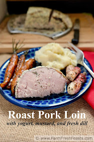 a title image of roast pork with yogurt, mustard, and fresh dill served with roasted carrots, radishes, and mashed potatoes